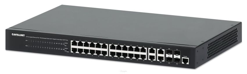 Switch zarządzalny Intellinet 24x 10/100/1000 Mbps PoE+ 370W+4x uplink Combo RJ45/SFP VLAN Rack 19