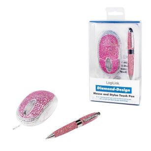 Mysz przewodowa LogiLink ID0124 Diamond optyczna USB 800dpi różowa & TouchPen