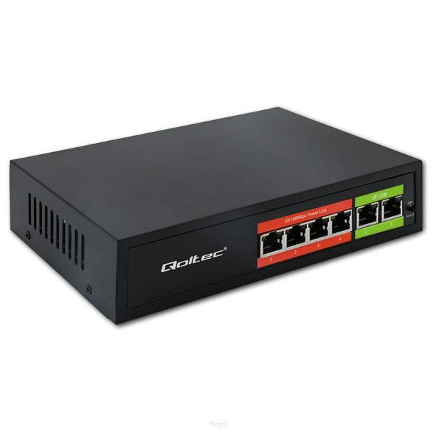 Switch niezarządzalny Qoltec przełącznik sieciowy Fast Ethernet PoE | 4x RJ45 | 2x RJ45 Uplink | 65W | 10/100Mb/s