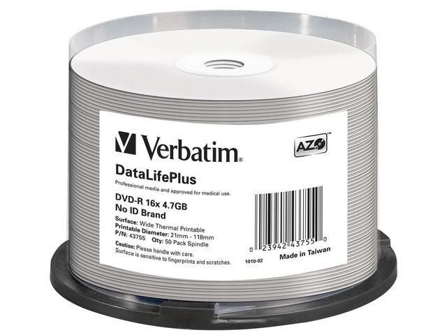 Płyty DVD-R Verbatim 4.7GB X16 AZO DL+ printable thermal białe NO ID (50 Cake)