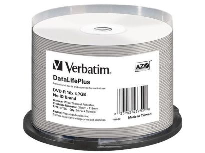 Płyty DVD-R Verbatim 4.7GB X16 AZO DL+ printable thermal białe NO ID (50 Cake)