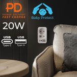 Gniazdko prądowe x2 + 4xUSB Maclean, rozgałęźnik z 2 gniazdami, 2xUSB A, 2xUSB C PD 20W, 1x16A + 1x6A, MCE249 F/W - 13