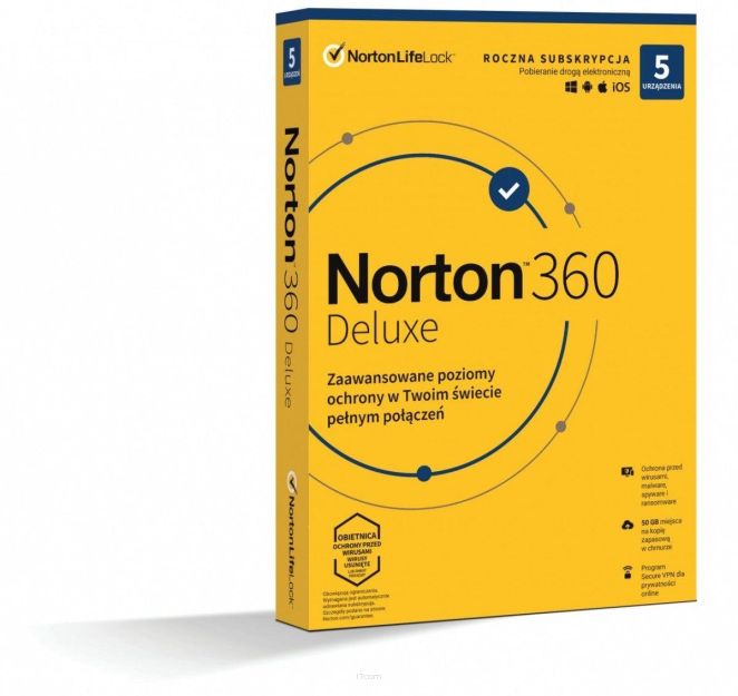 Oprogramowanie NORTON 360 Deluxe 50GB PL 1 użytkownik, 5 urządzeń, 1 rok