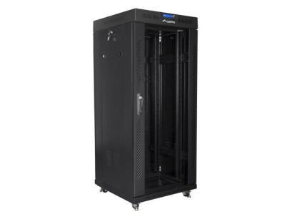 Szafa instalacyjna Rack stojąca 19" 27U 600x600 czarna drzwi szklane LCD Lanberg (flat pack)