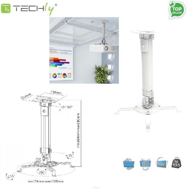 Ramię do projektora Techly 38-58 cm. 13,5kg, sufitowe, srebrne