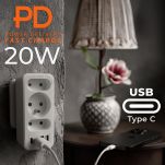 Gniazdko prądowe x3 + 4xUSB Maclean MCE248 F/W, rozgałęźnik z 3 gniazdami, 2xUSB A, 2xUSB C PD 20W, 1x16A + 2x6A - 9