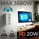 Gniazdko prądowe x3 + 4xUSB Maclean MCE248 F/W, rozgałęźnik z 3 gniazdami, 2xUSB A, 2xUSB C PD 20W, 1x16A + 2x6A - 11