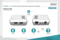 Serwer sieciowy DIGITUS wielofunkcyjny, bezprzewodowy 2-portowy, USB 2.0, 300Mbps - 5